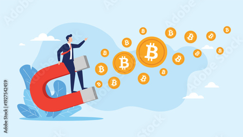 Cryptocurrency investment and wealth accumulation concept showing a man sitting on a large magnet attracting many golden bitcoin coins in the air.