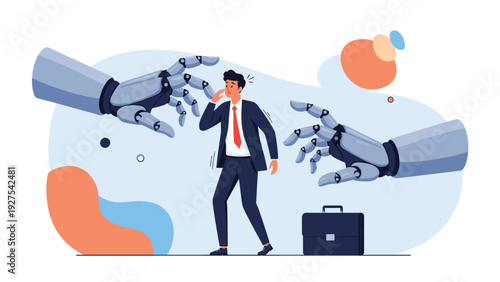 Artificial intelligence fear and job displacement concept with a scared businessman being cornered by two massive robotic hands in a blue space.
