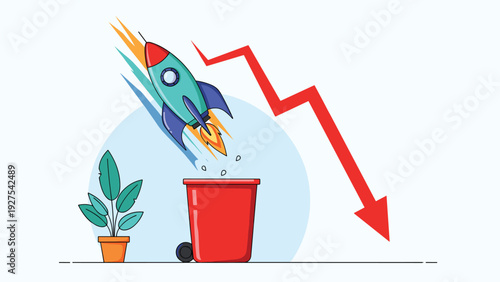 Failed startup and business bankruptcy concept showing a space rocket falling into a red trash bin next to a sharp declining financial red arrow.