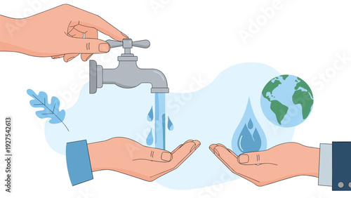 Human hands turning on water faucet while others receive droplets with globe icon representing global water conservation.