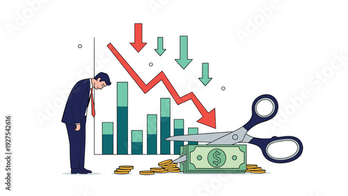 Sad businessman watching downward trend graph while large scissors cut through dollar bill representing budget cuts and loss.