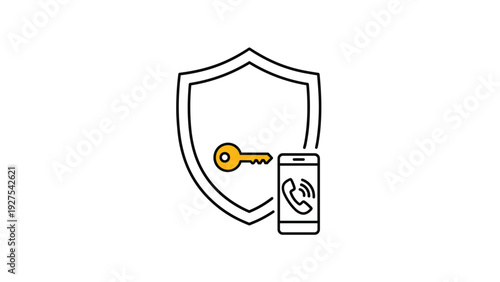 Security shield with golden key and smartphone displaying incoming call icon representing mobile phone data protection.