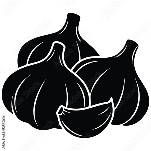 Black silhouette of garlic bulbs and cloves on white background