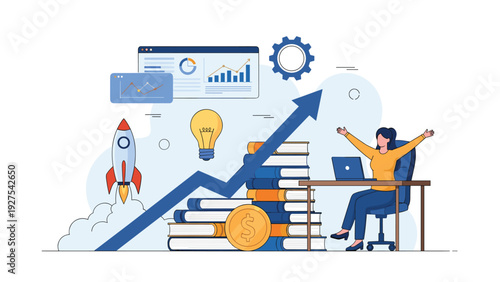 Happy woman celebrating at desk with rocket launch books coins and rising graph representing career success and education.
