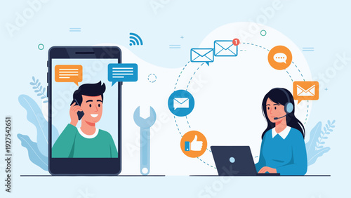 Customer service representative with headset at laptop communicating with man on smartphone screen through various icons.