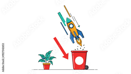 Colorful rocket launching from red trash bin next to potted plant symbolizing turning waste into innovation and success.