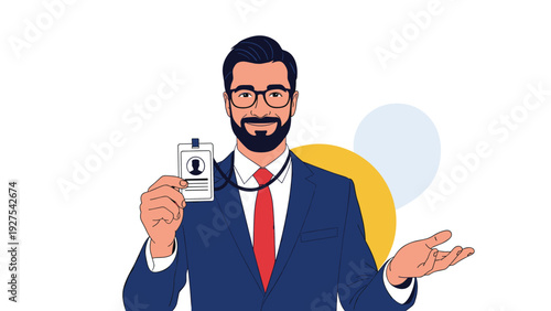 Smiling professional businessman in suit holding out identification card and gesturing with open hand for verification.