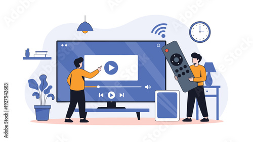 Two technicians setting up large flat screen television with giant remote control for smart home entertainment experience.