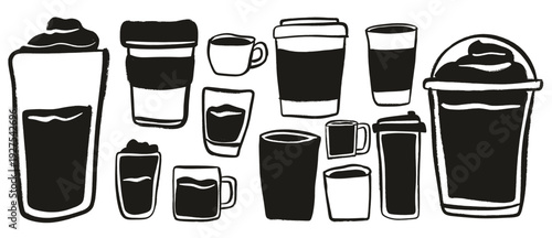 Black and white hand-drawn vector set of coffee cups and beverage containers. Isolated on white background, ideal for café branding, menu design, posters, packaging, and print.