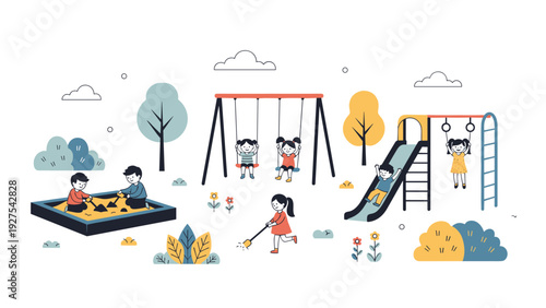 Happy diverse children playing together on colorful playground with slide swings sandbox and climbing equipment at park.