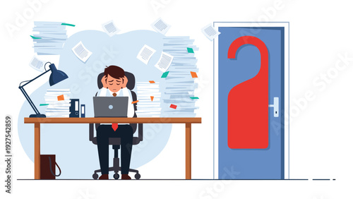 Stressed office worker buried in paper stacks with giant do not disturb sign on door representing burnout and workload.