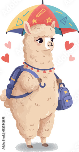 Pixel Art Llama With Umbrella And Backpack Cute Cartoon Style