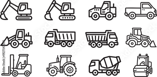 Construction vehicle icons excavators trucks tractors and other heavy machinery