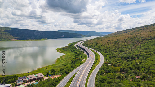 Obraz na płótnie Drone shot The M6 motorway Nakhon Ratchasima Province - Bang Pa-in Lam Ta Khong River and Mountain