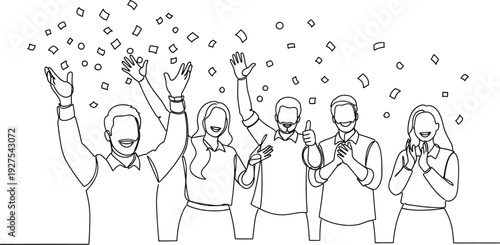 Continuous line drawing of a diverse group of happy business people celebrating teamwork, success, and achievement with confetti falling around them.