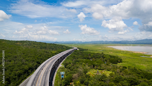 Drone shot The M6 motorway Nakhon Ratchasima Province - Bang Pa-in Lam Ta Khong River and Mountain. Motorway Korat Thailand