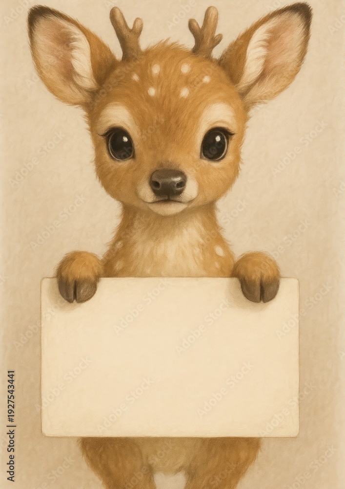 Fototapeta premium Adorable deer holding blank sign.