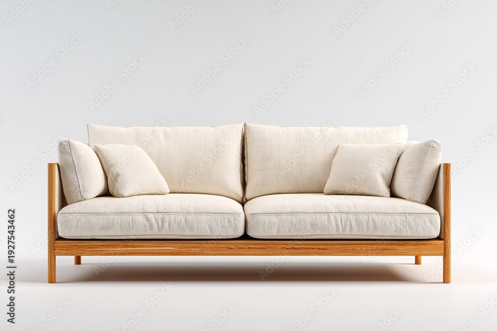 Fototapeta premium Modern minimalist beige sofa with wooden frame and cushions