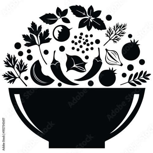 Vibrant vegetable bowl overflowing with fresh herbs and spices