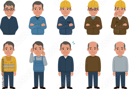 Pixel Art Sad Old Man Characters Diverse Emotions Isolated White Background