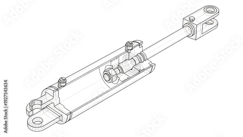 Digital 3D wireframe cutaway of a hydraulic cylinder assembly for technical visualization