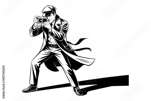 A camera icon illustration of a man taking a photo in a dynamic pose