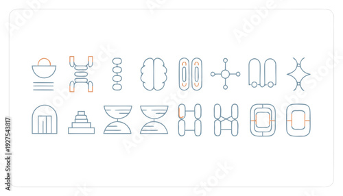 Collection of abstract icons in minimalist style on transparent background, symbolizing various concepts and ideas in a simple and modern design