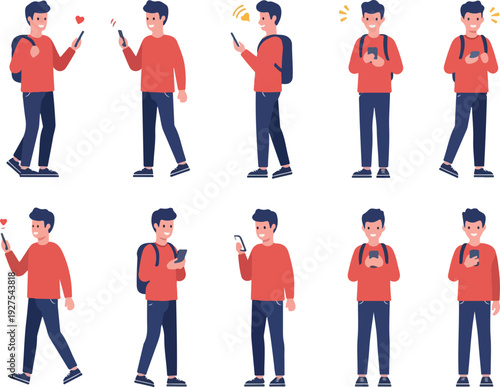 Pixel Art Man Poses Mobile Phone User Flat Design Icons Red Shirt