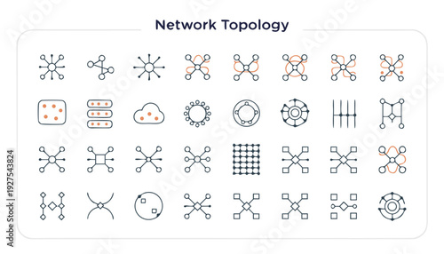 Collection of network topology diagrams and icons representing various network structures and configurations in a simple graphic format from a top-down viewpoint