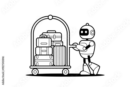 Robot pushing luggage cart with multiple suitcases in a simple illustration