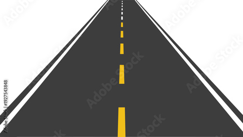 Perspective view of an endless straight asphalt highway with yellow dashed dividing lines on a white background, concept of travel, logistics, and future journey.