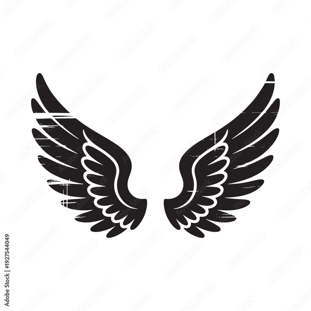 Fototapeta premium A simple black and white line drawing depicts a pair of stylized wings suggesting flight and freedom