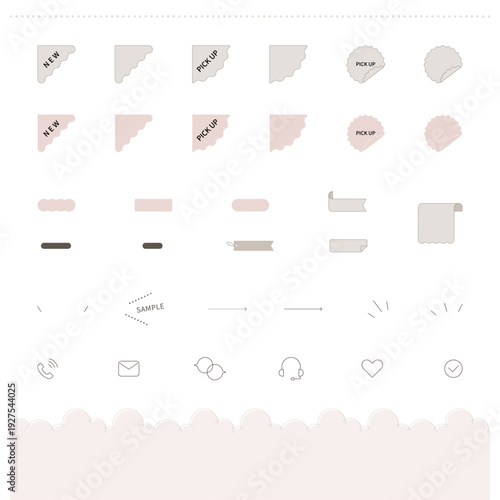 くすみカラーのWebラベル＆アイコン素材セット。NEW・PICK UPタグ・リボン・装飾パーツ。ショッピングサイト・ECサイト用のコーナーリボン、矢印、アイコンのベクター素材セット。Minimal Beige Web Badge, Ribbon and Icon Kit.