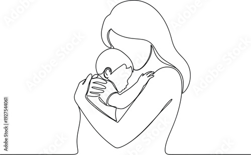 Continuous line art illustration portraying a mother tenderly embracing her newborn baby, symbolizing love, care, and family bonding.