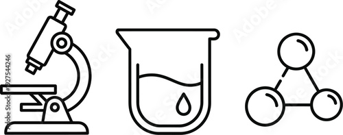 Collection of essential scientific laboratory equipment and chemical symbols represented as simple, clear line art icons on a white background.