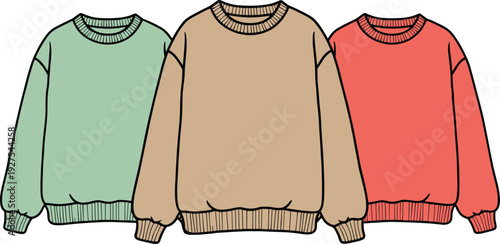 Three oversized crewneck sweatshirts in mint green, beige, and coral pink colors isolated on a white background for fashion apparel mockup and design.Three