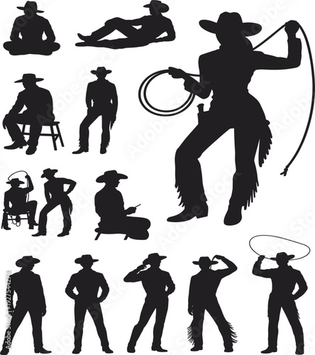 Collection of cowboy and cowgirl silhouettes in various poses with lasso vector illustration