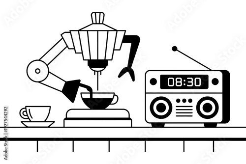 A coffee robot pouring coffee into a cup next to a radio