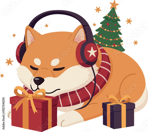Pixel Art Shiba Inu Dog Wearing Headphones and Scarf Near Christmas Tree