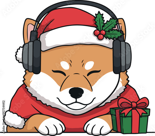 Pixel Art Shiba Inu Wearing Santa Hat Headphones and Christmas Gift