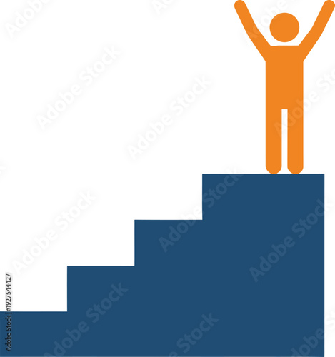 Minimalist icon depicting a person with raised arms on the highest step of a staircase, symbolizing ultimate success, career achievement, personal growth, and overcoming challenges