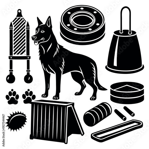 Black and White Vector Illustration of a German Shepherd Dog with Dog Training Equipment and Accessories on white background