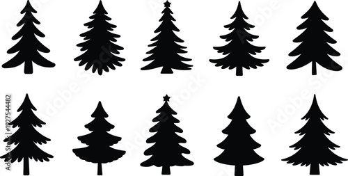 Assortment of Stylized Black Christmas Tree Silhouettes on White Keywords: christmas tree, pine tree, fir tree, evergreen
