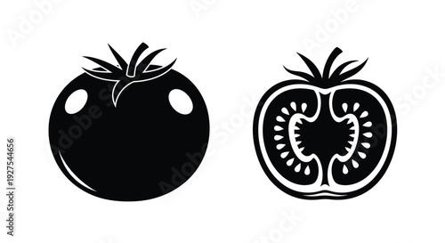 Black silhouettes of a whole and halved tomato illustration silhouette