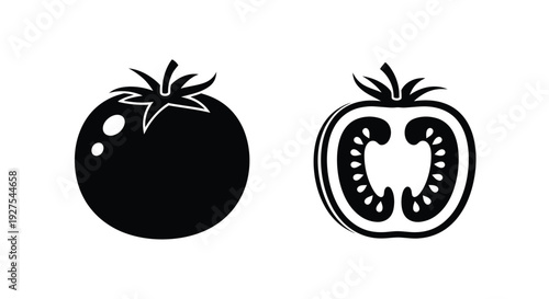 Two tomato illustrations in black one whole and one halved silhouette