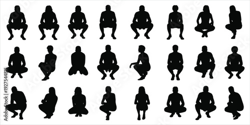 Collection of Black Silhouettes of People in Squatting Poses human figure