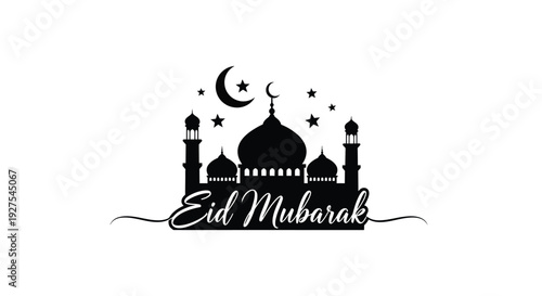 Eid mubarak greeting with mosque and crescent moon silhouette
