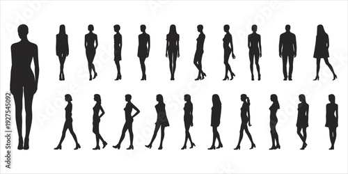 Collection of Female Fashion Silhouettes in Various Poses and Styles woman