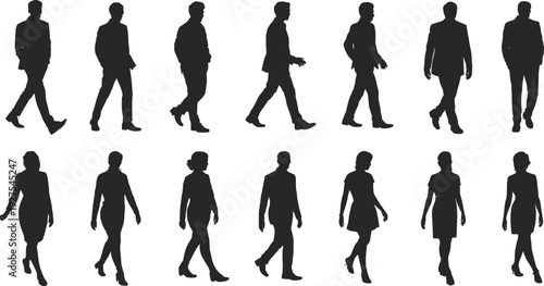 Collection of Male and Female Business Person Silhouettes Walking on White Background people