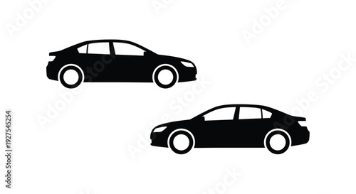 Two modern sedan cars presented in a stark black silhouette